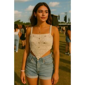 Cream Sz S Crochet Tie-back Halter Top Tiny Roses Coachella Festival Coquette